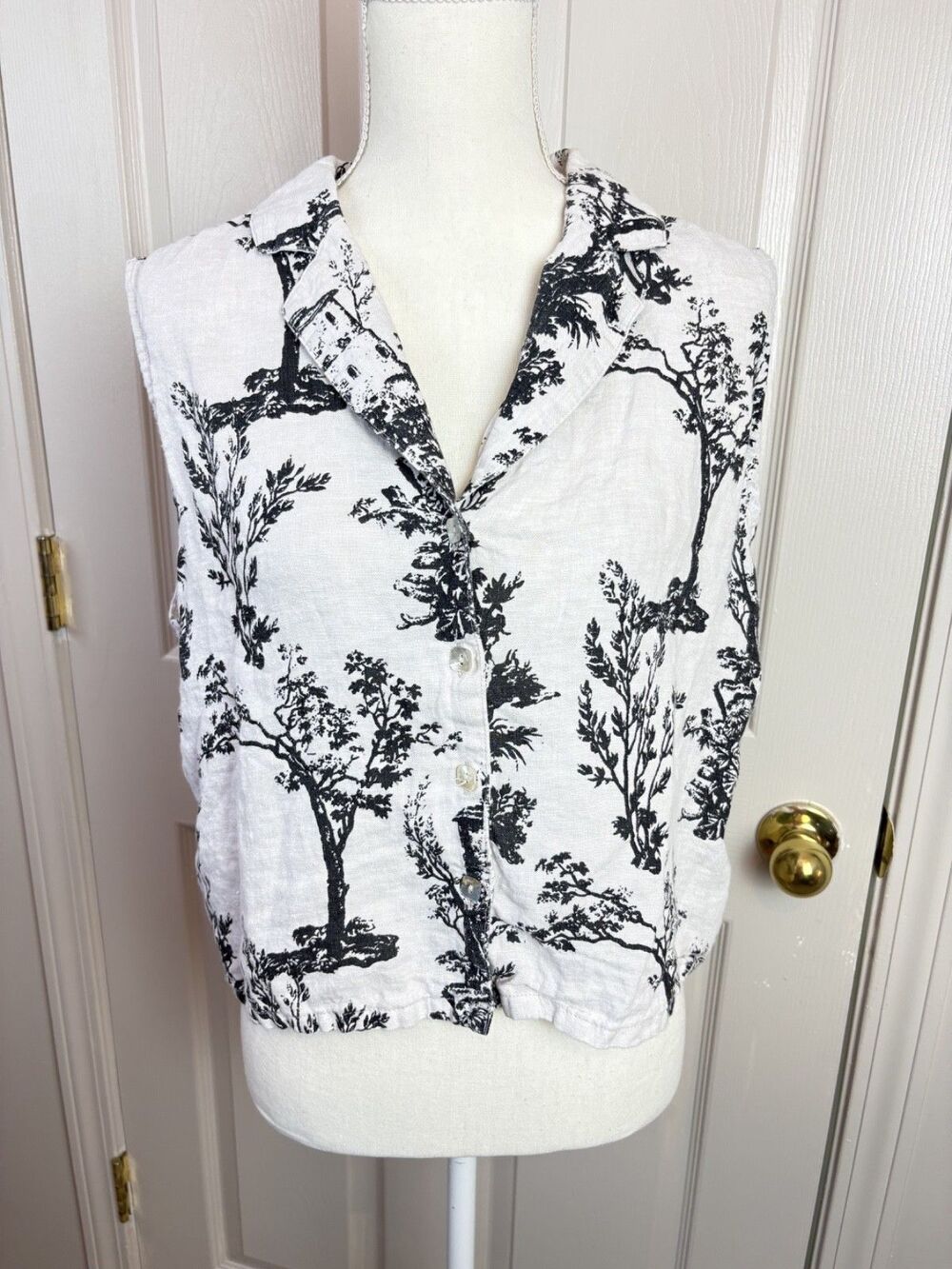 Joie 100% Linen Toile Print Black Ivory Sleeveless Button Up Large - 463 - Picture 6 of 6